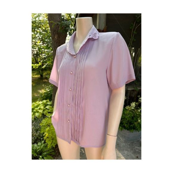 Vtg | 90s Lilac Blouse Tradition Short Sleeve Pleats Lace Collar L/XL - Picture 3 of 7